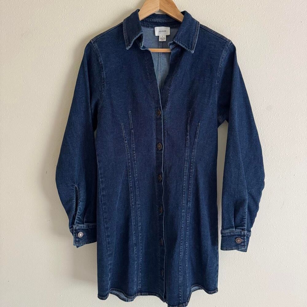 R.G. Kane Denim Mini Shirt Dress S Made in USA Button Front Minimalist Western